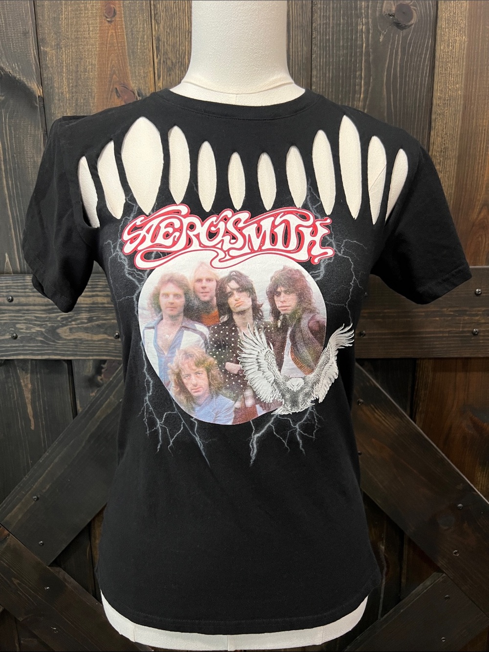 Aerosmith Cutout Band Tee XS Black Vintage Graphic Rocker Girl 80s 90s Grunge